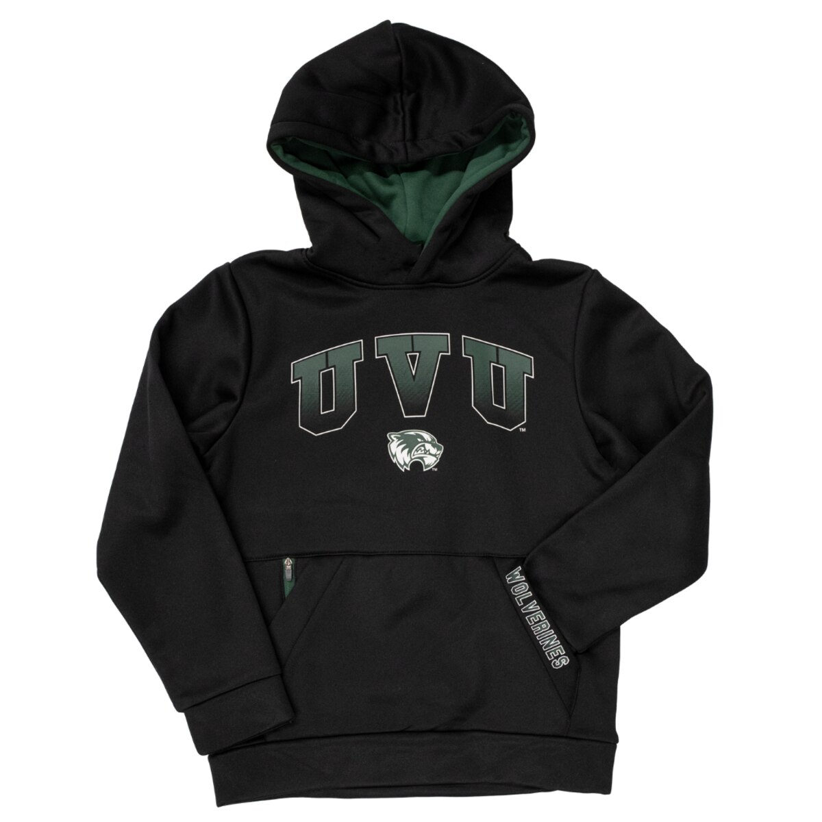 Youth black hoodie with green lining inside hood, UVU and Wolverine logo on front, 'Wolverines' written on left front pocket, hidden zipper in pocket